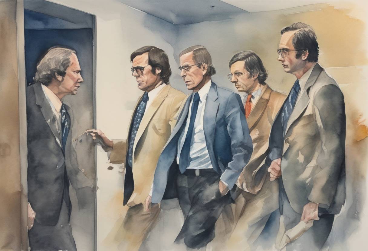 Watercolor painting based depiction of The Watergate scandal begins with the arrest of five men for breaking into the Democratic National Committee headquarters. (1972)