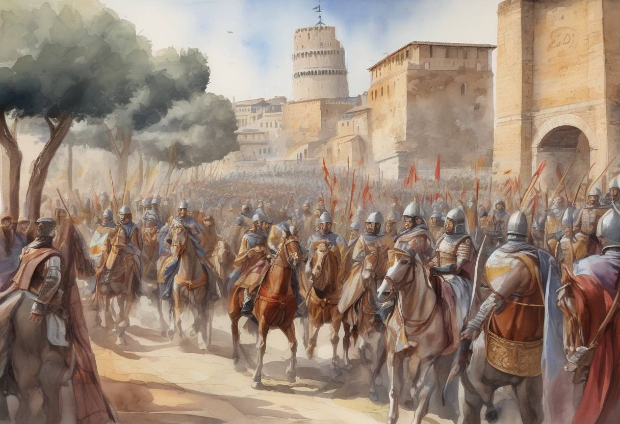 Watercolor painting based depiction of Byzantine General Belisarius enters Rome unopposed, beginning the Gothic War's siege of Rome. (536)