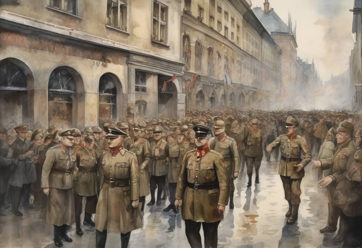 Watercolor painting based depiction of The Beer Hall Putsch, an attempted coup by Adolf Hitler and the Nazi Party, was thwarted in Munich, leading to Hitler's arrest and temporary setback for the Nazi movement. (1923)