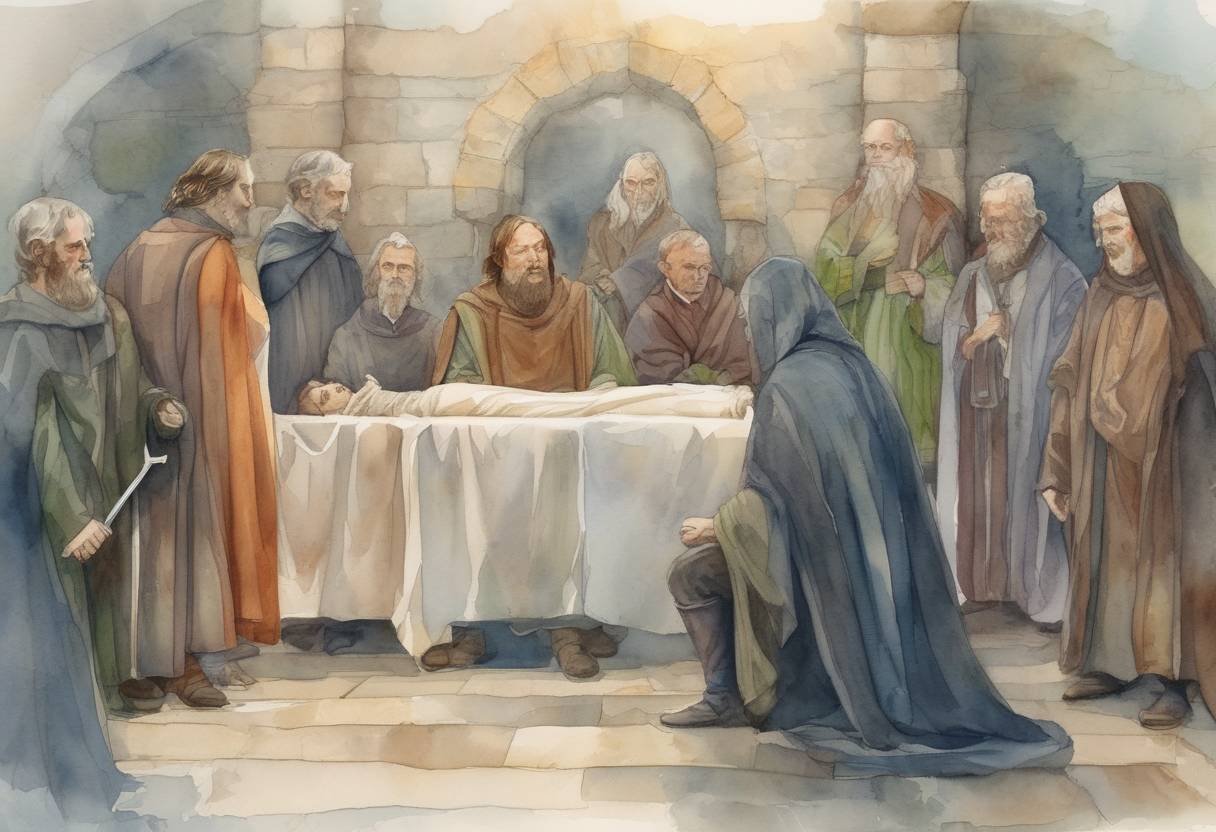 Watercolor painting based depiction of Death of Saint Columba, an Irish abbot and missionary credited with spreading Christianity in Scotland. (597)