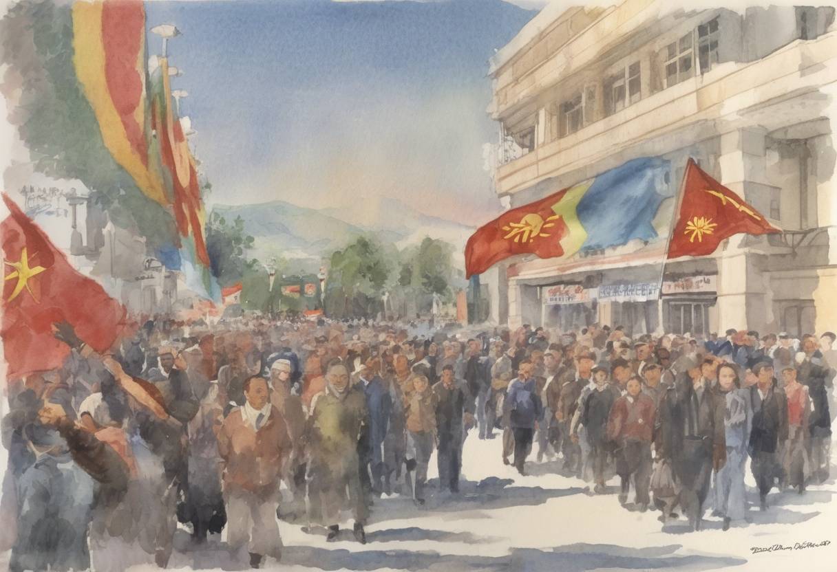 Watercolor painting based depiction of Kyrgyzstan declares independence from the Soviet Union. (1991)