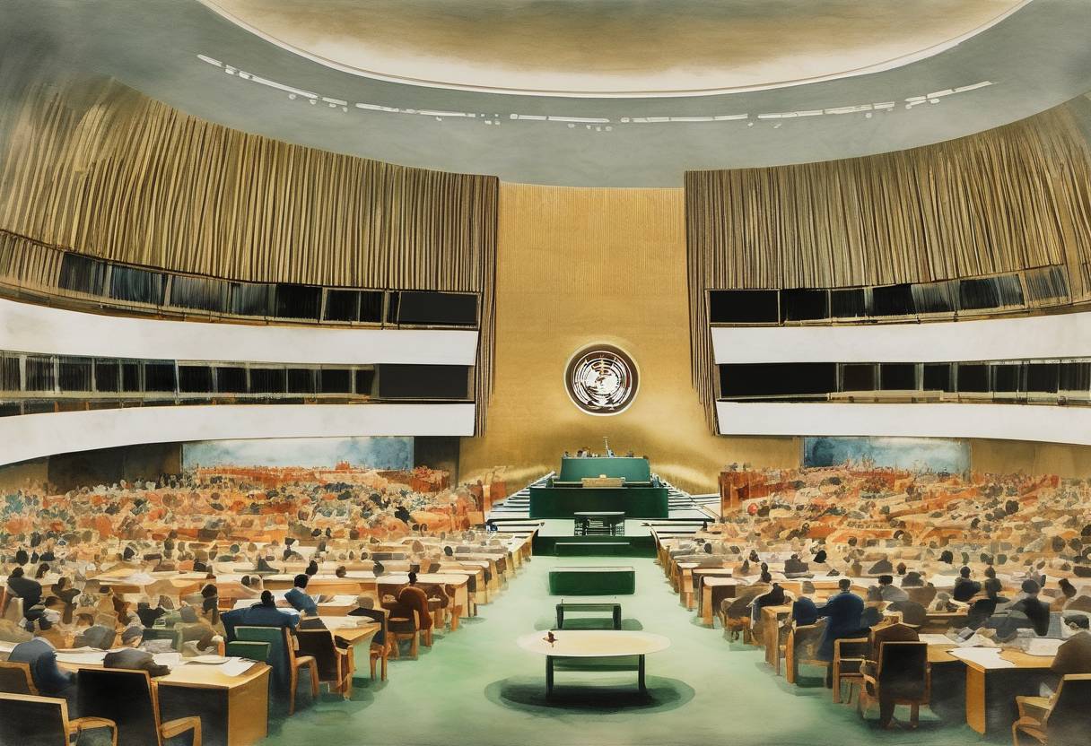 Watercolor painting based depiction of The United Nations General Assembly passed Resolution 377, known as the 'Uniting for Peace' resolution, allowing the General Assembly to act if the Security Council fails to maintain international peace. (1950)