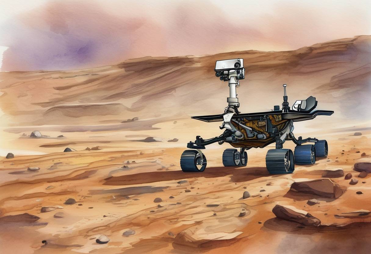 Watercolor painting based depiction of NASA's Mars rover Curiosity discovered evidence of ancient streambed on Mars, suggesting that water once flowed on the planet's surface. (2012)
