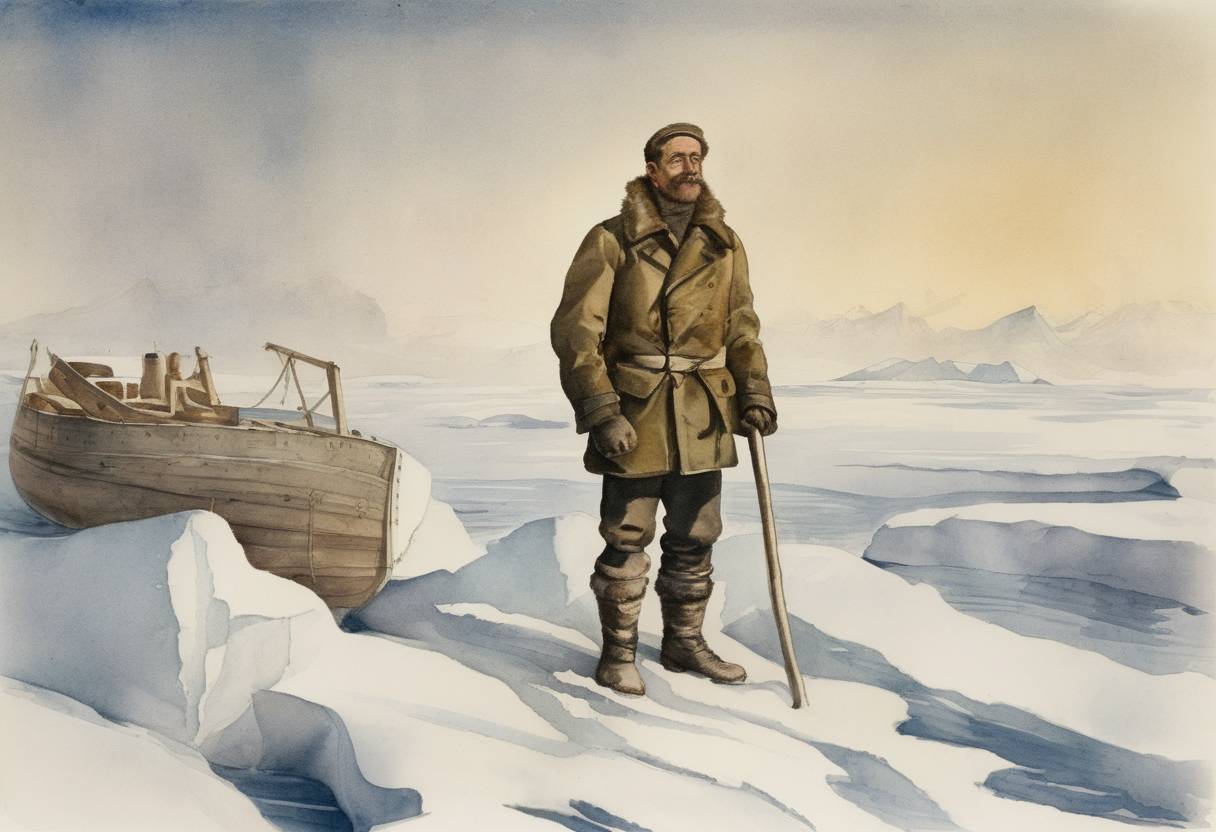 Watercolor painting based depiction of American explorer Robert Peary allegedly reached the North Pole, though his claim has been subject to controversy. (1909)