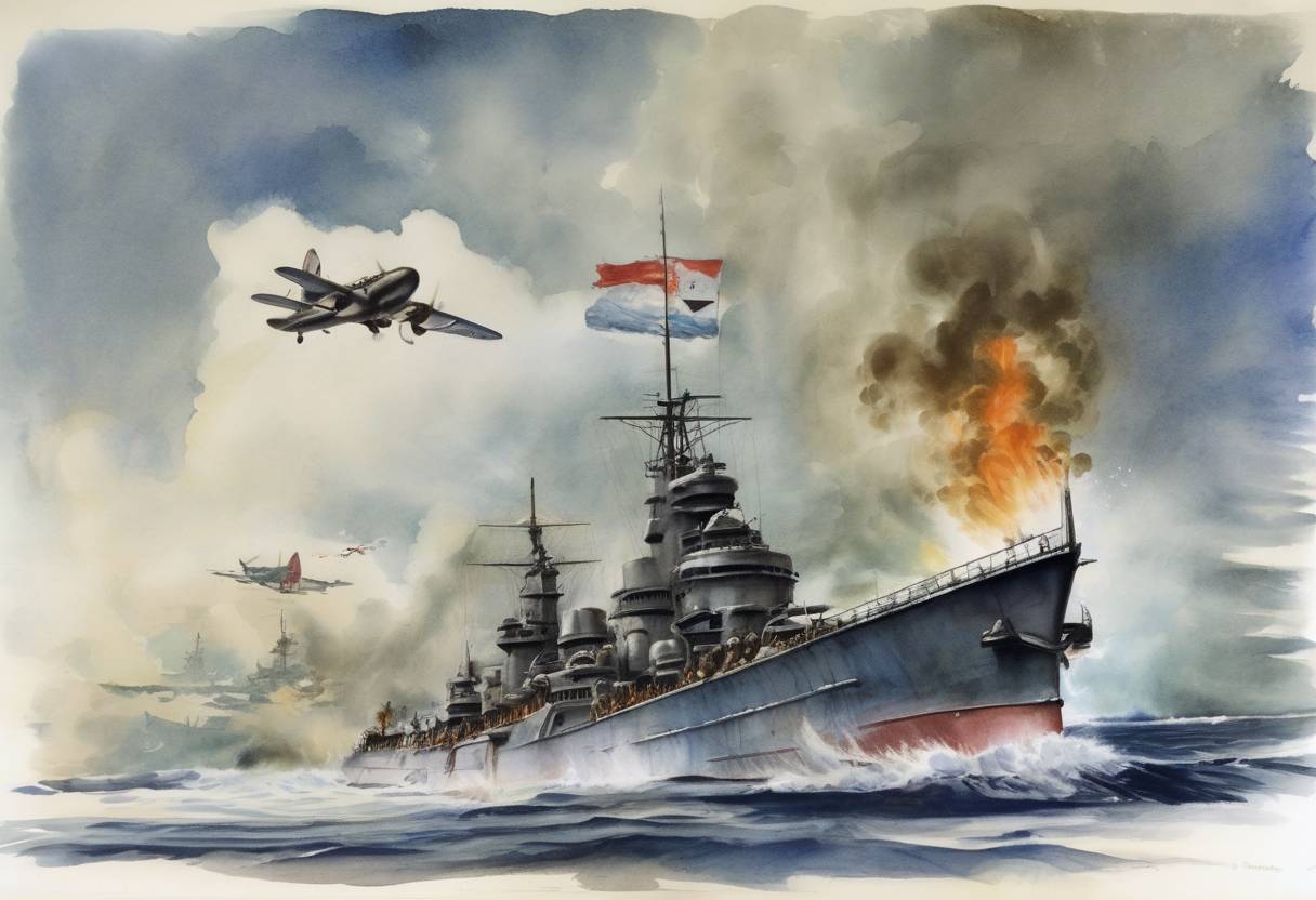 Watercolor painting based depiction of The Battle of the Bismarck Sea began during World War II, resulting in a decisive Allied victory over Japanese forces. (1943)