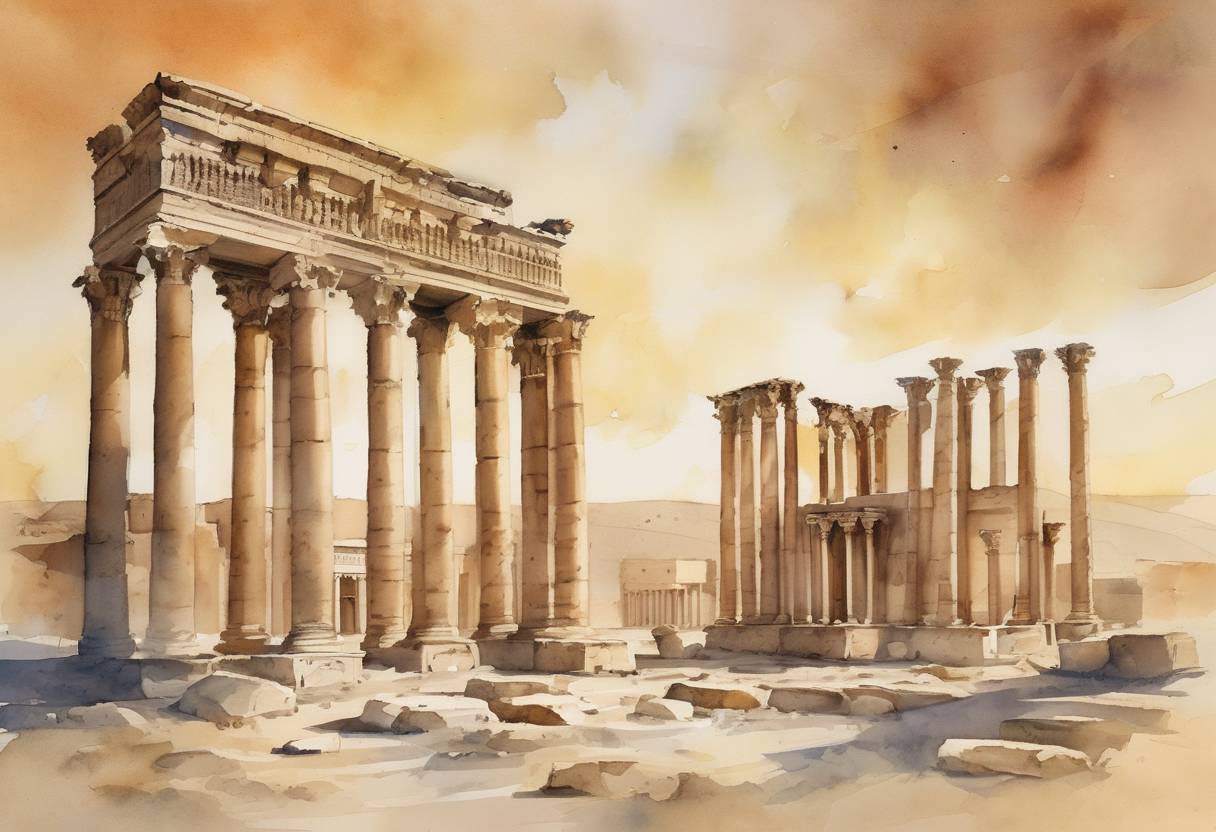 Watercolor painting based depiction of The Temple of Bel, a significant cultural heritage site in Palmyra, Syria, was destroyed by the Islamic State of Iraq and the Levant (ISIL), highlighting the group's systematic destruction of cultural heritage sites. (2015)
