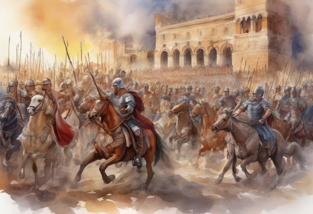 Watercolor painting based depiction of The Visigoths, led by King Alaric I, invade Italy, marking the beginning of the Visigothic War in Italy. (401)