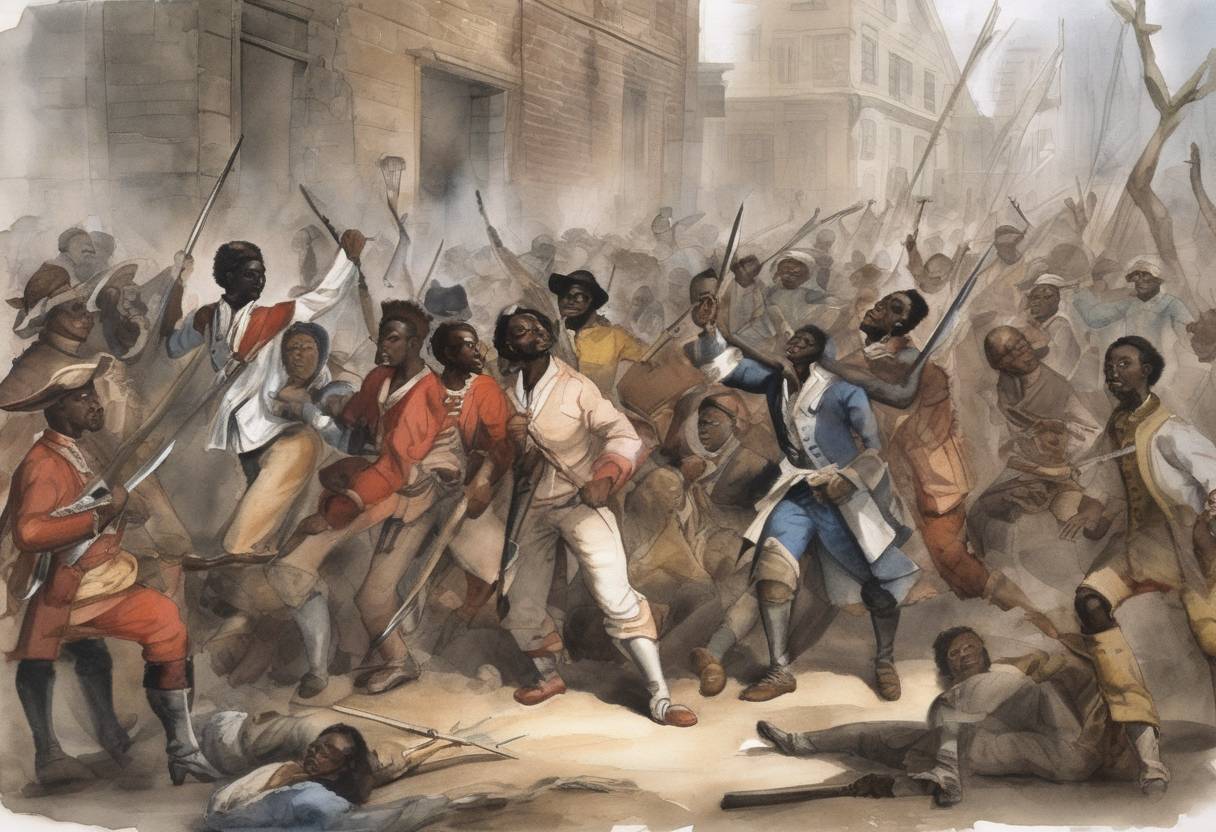 Watercolor painting based depiction of The New York Slave Revolt of 1712 occurred, where enslaved Africans rose up against their masters, resulting in severe reprisals and stricter slave codes. (1712)