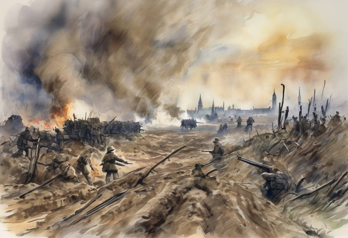Watercolor painting based depiction of The First Battle of Ypres begins during World War I, marking the start of a series of battles in the Ypres Salient. (1914)