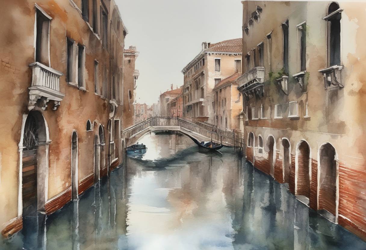 Watercolor painting based depiction of Venice, Italy, experienced its worst flooding in more than 50 years, with water levels peaking at 187 cm (6.14 ft), causing extensive damage to the historic city. (2019)