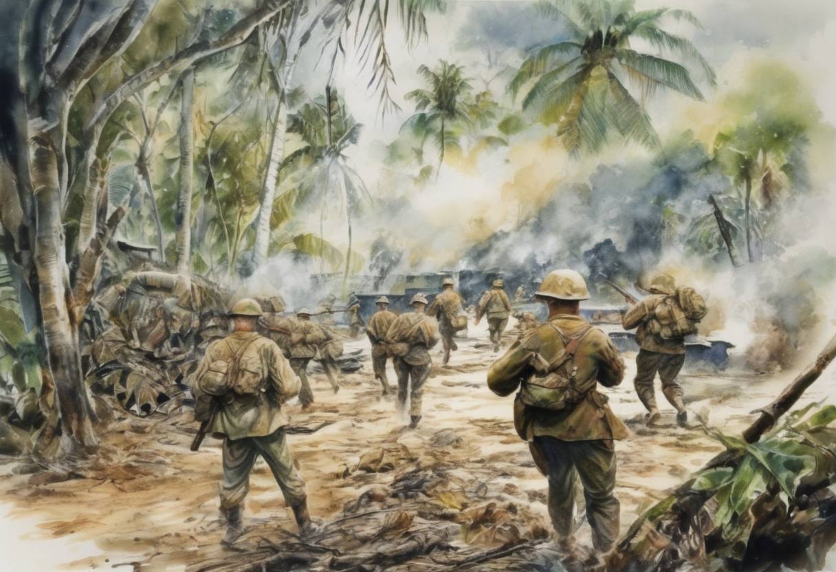 Watercolor painting based depiction of The United States Marines landed on Peleliu, beginning a brutal battle in the Pacific Theater of World War II, which lasted over two months. (1944)