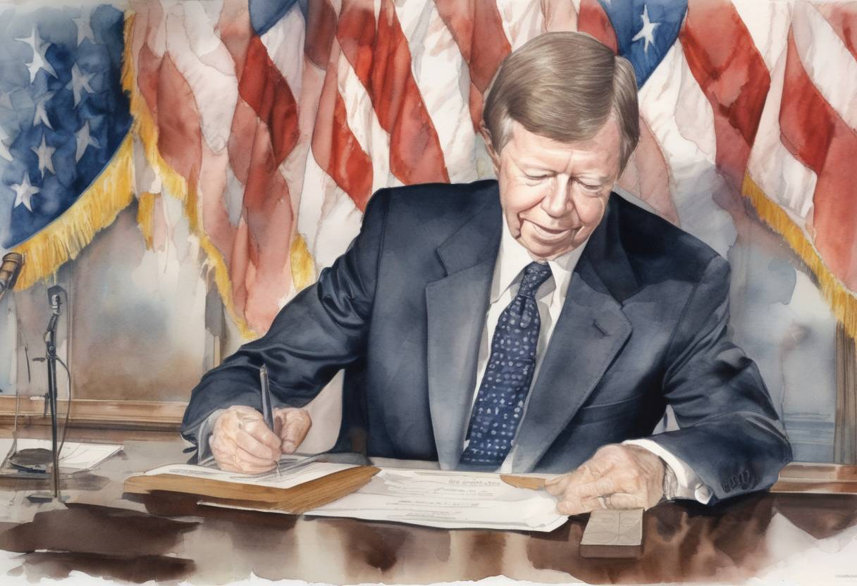 Watercolor painting based depiction of U.S. President Jimmy Carter signs legislation creating the United States Department of Energy, a cabinet-level department responsible for energy policy and nuclear safety. (1977)