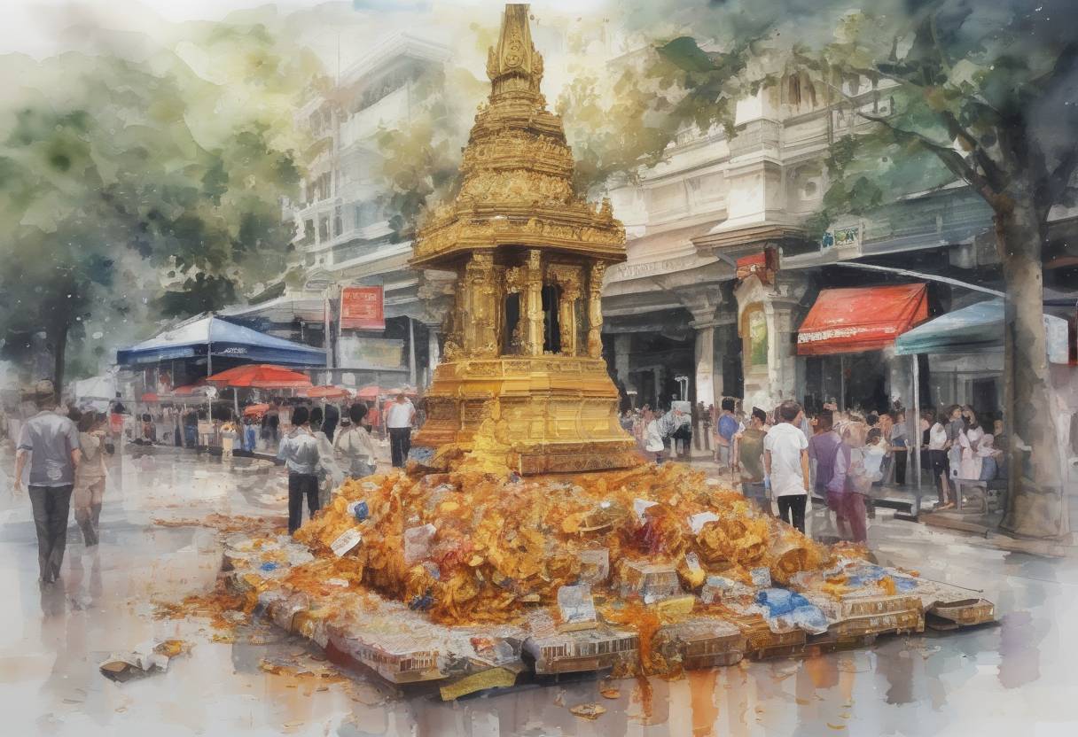 Watercolor painting based depiction of A bomb exploded at the Erawan Shrine in Bangkok, Thailand, killing 20 people and injuring 125 others. (2015)