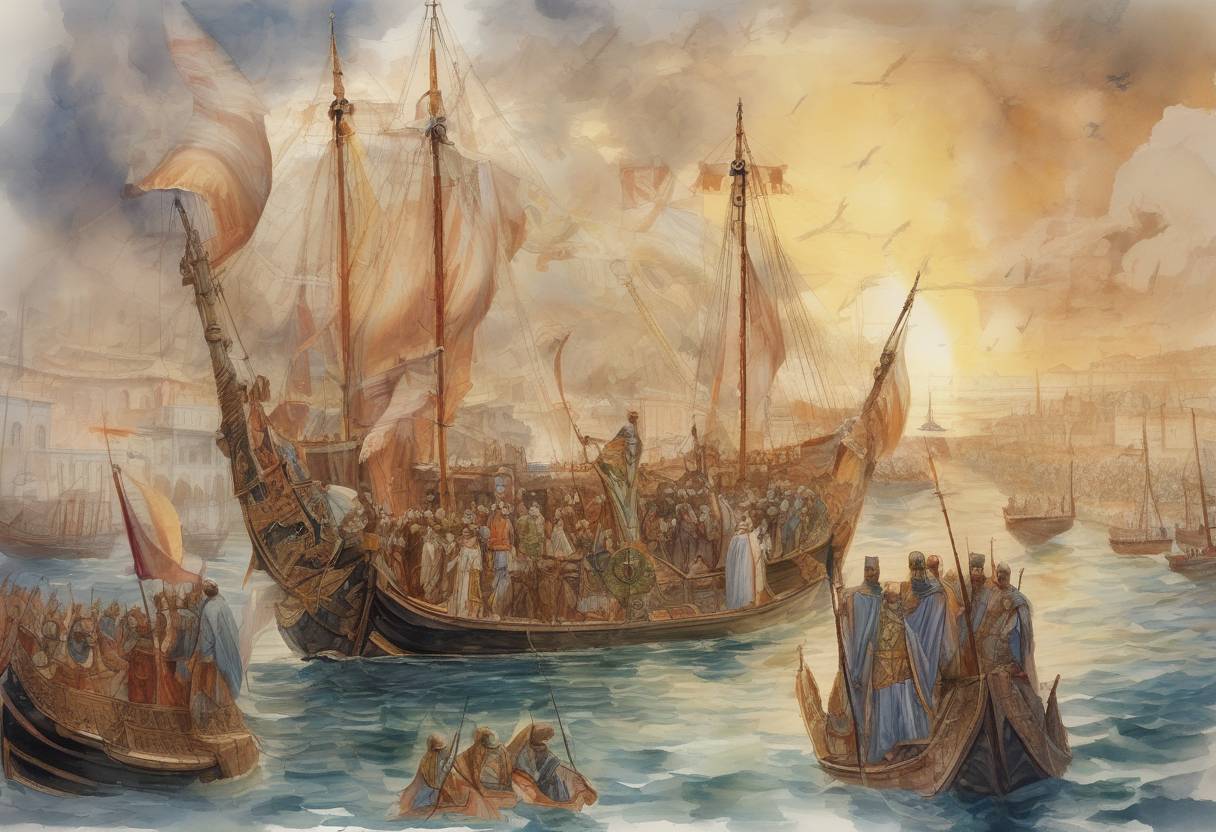 Watercolor painting based depiction of Heraclius arrives by ship from Africa at Constantinople, overthrows Byzantine Emperor Phocas, and becomes the new emperor. (610)