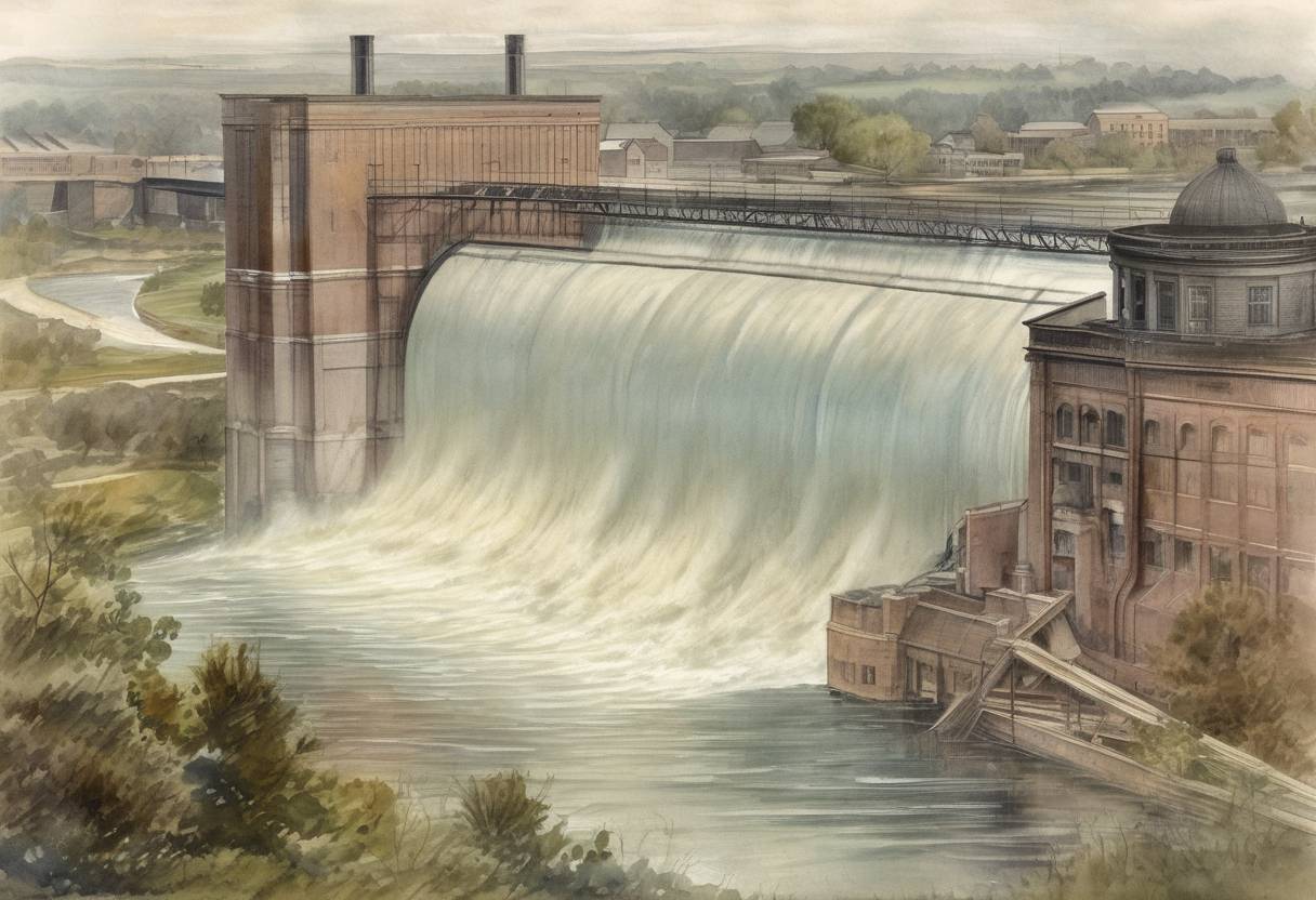 Watercolor painting based depiction of The world's first hydroelectric power plant begins operation on the Fox River in Appleton, Wisconsin. (1882)