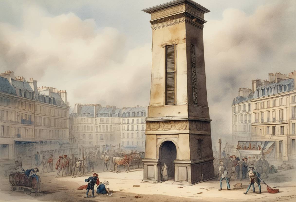 Watercolor painting based depiction of The guillotine was first used in France to execute highwayman Nicolas Jacques Pelletier. (1792)