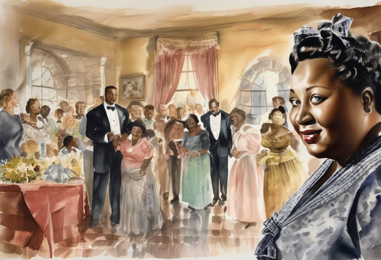 Watercolor painting based depiction of Hattie McDaniel becomes the first African American to win an Academy Award, for her role as Mammy in 'Gone with the Wind'. (1940)