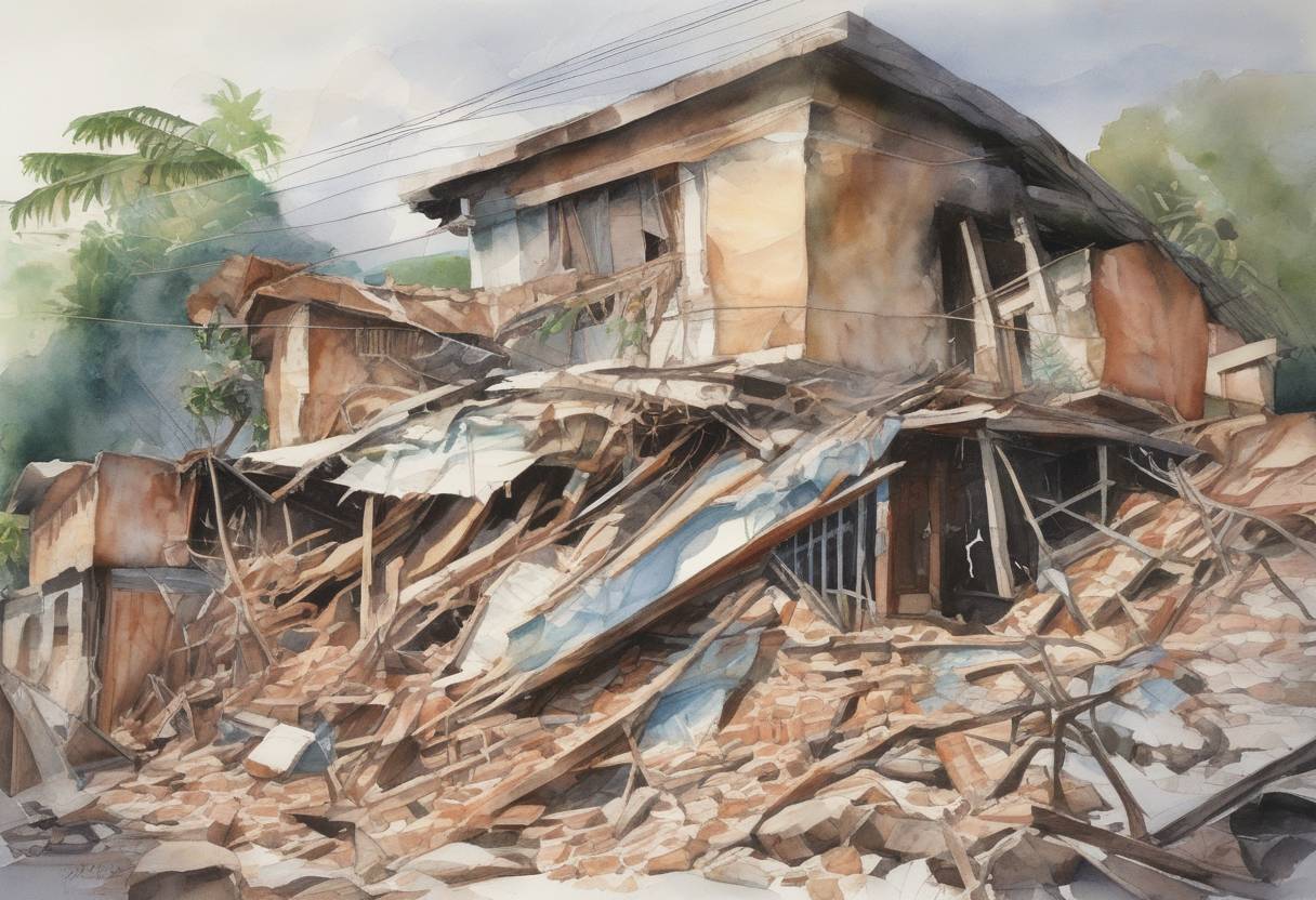 Watercolor painting based depiction of An earthquake measuring 7.6 on the Richter scale struck El Salvador, causing widespread damage and resulting in the deaths of at least 944 people. (2001)
