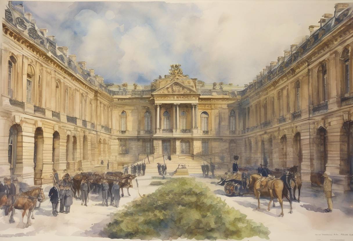 Watercolor painting based depiction of The Treaty of Versailles was signed, officially ending World War I and imposing heavy reparations and territorial losses on Germany. (1919)