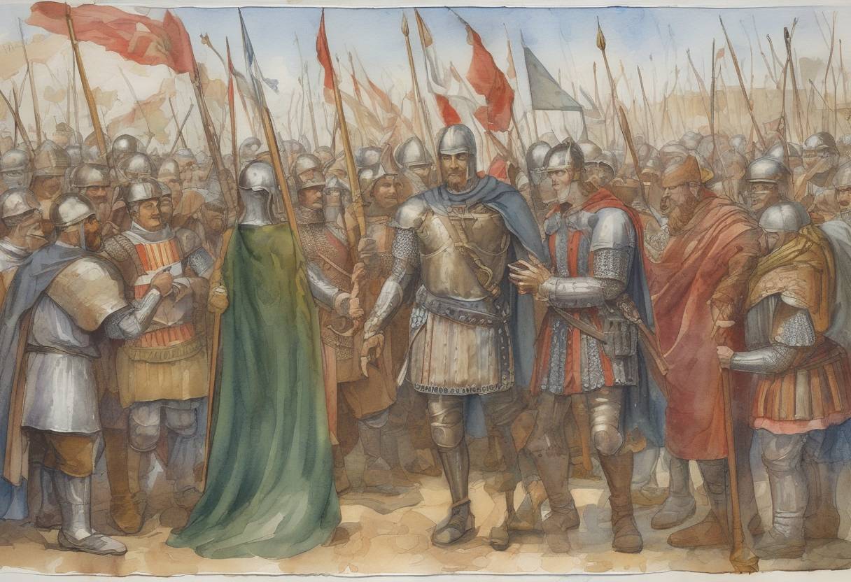 Watercolor painting based depiction of The Edict of Pistres was issued by Charles the Bald, King of West Francia, to defend against Viking raids. (864)