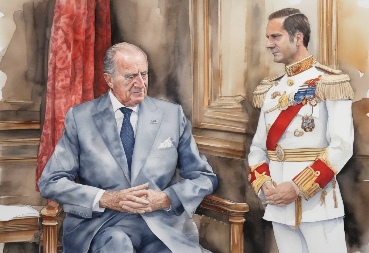 Watercolor painting based depiction of King Juan Carlos I of Spain announced his intention to abdicate the throne in favor of his son, Felipe VI. (2014)