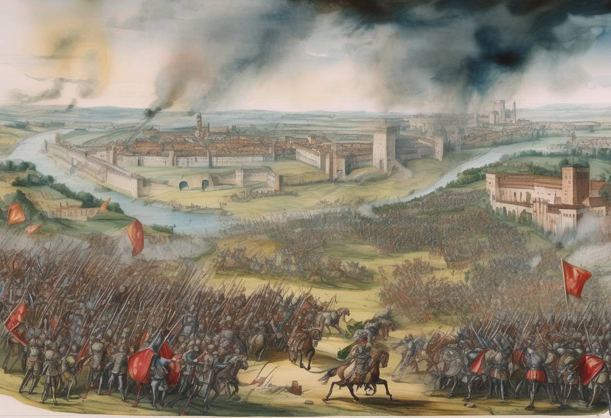 Watercolor painting based depiction of The Battle of Pavia took place, resulting in a decisive victory for the Spanish-Imperial forces over the French army. King Francis I of France was captured, marking a significant turning point in the Italian Wars. (1525)