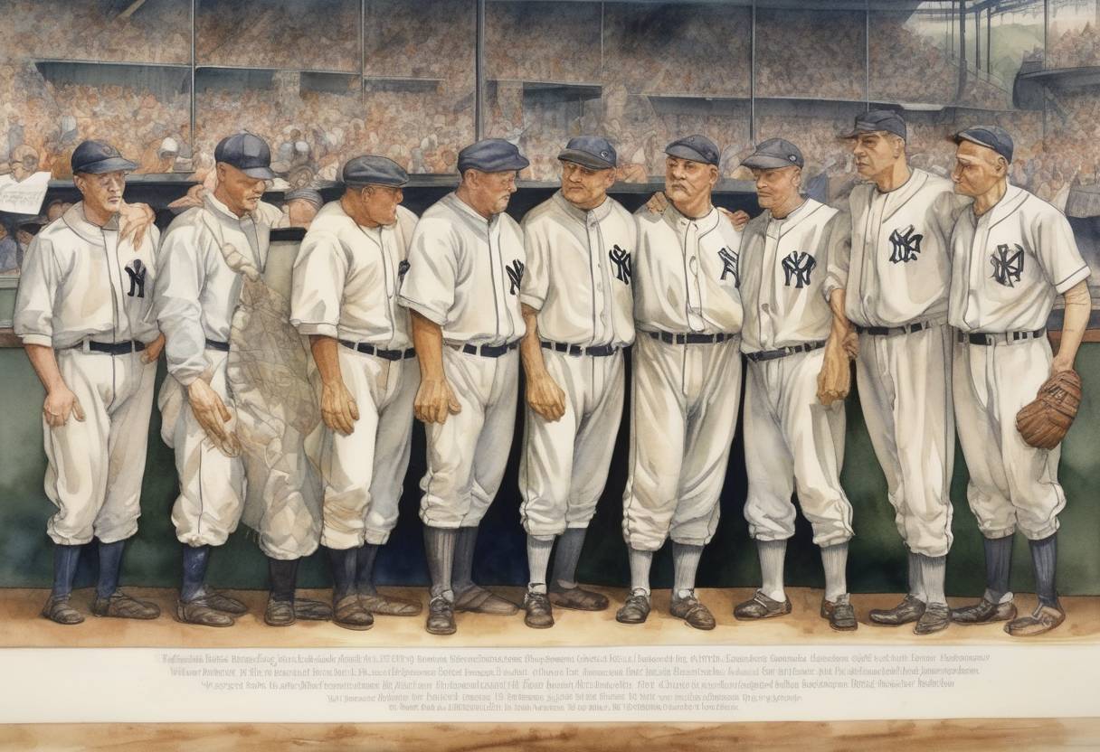 Watercolor painting based depiction of The first inductees into the Baseball Hall of Fame were announced, including Ty Cobb, Babe Ruth, Honus Wagner, Christy Mathewson, and Walter Johnson. (1936)