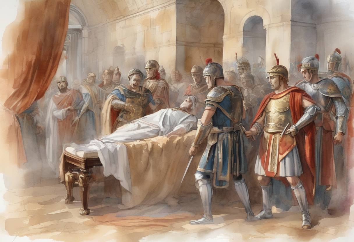 Watercolor painting based depiction of Emperor Valentinian II is found dead in his residence in Vienne, Gaul, under suspicious circumstances. His death leads to political instability in the Western Roman Empire. (392)