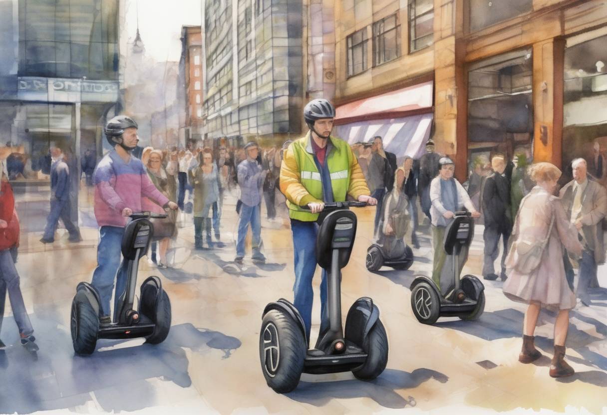 Watercolor painting based depiction of The first public demonstration of the Segway PT (Personal Transporter) took place, showcasing a new mode of personal transportation that would later influence urban mobility. (2001)