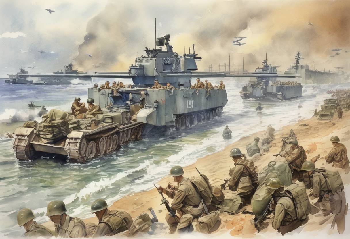 Watercolor painting based depiction of Operation Shingle, the Allied amphibious landing at Anzio, Italy, begins during World War II. (1944)