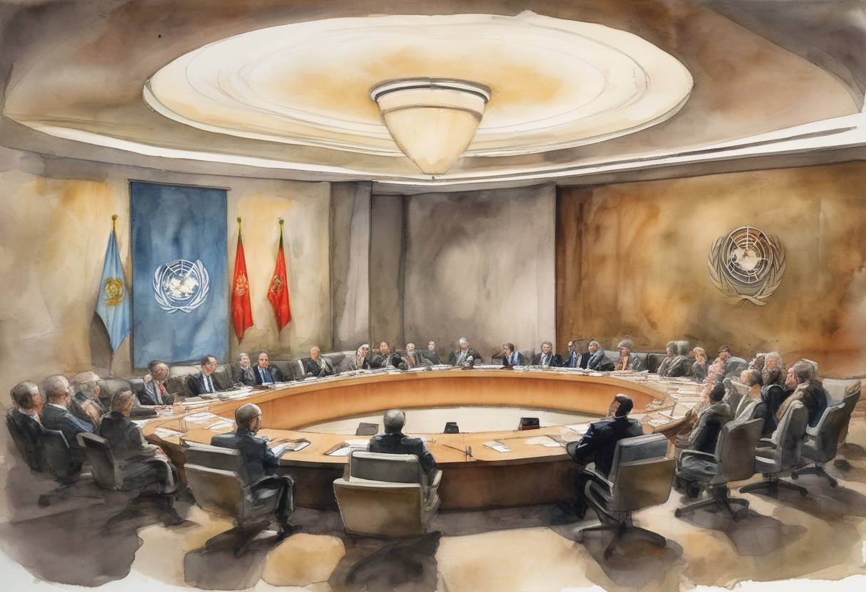 Watercolor painting based depiction of The United Nations Security Council held a meeting to discuss the ongoing conflict in Syria, highlighting the humanitarian crisis and the need for international intervention. (2013)