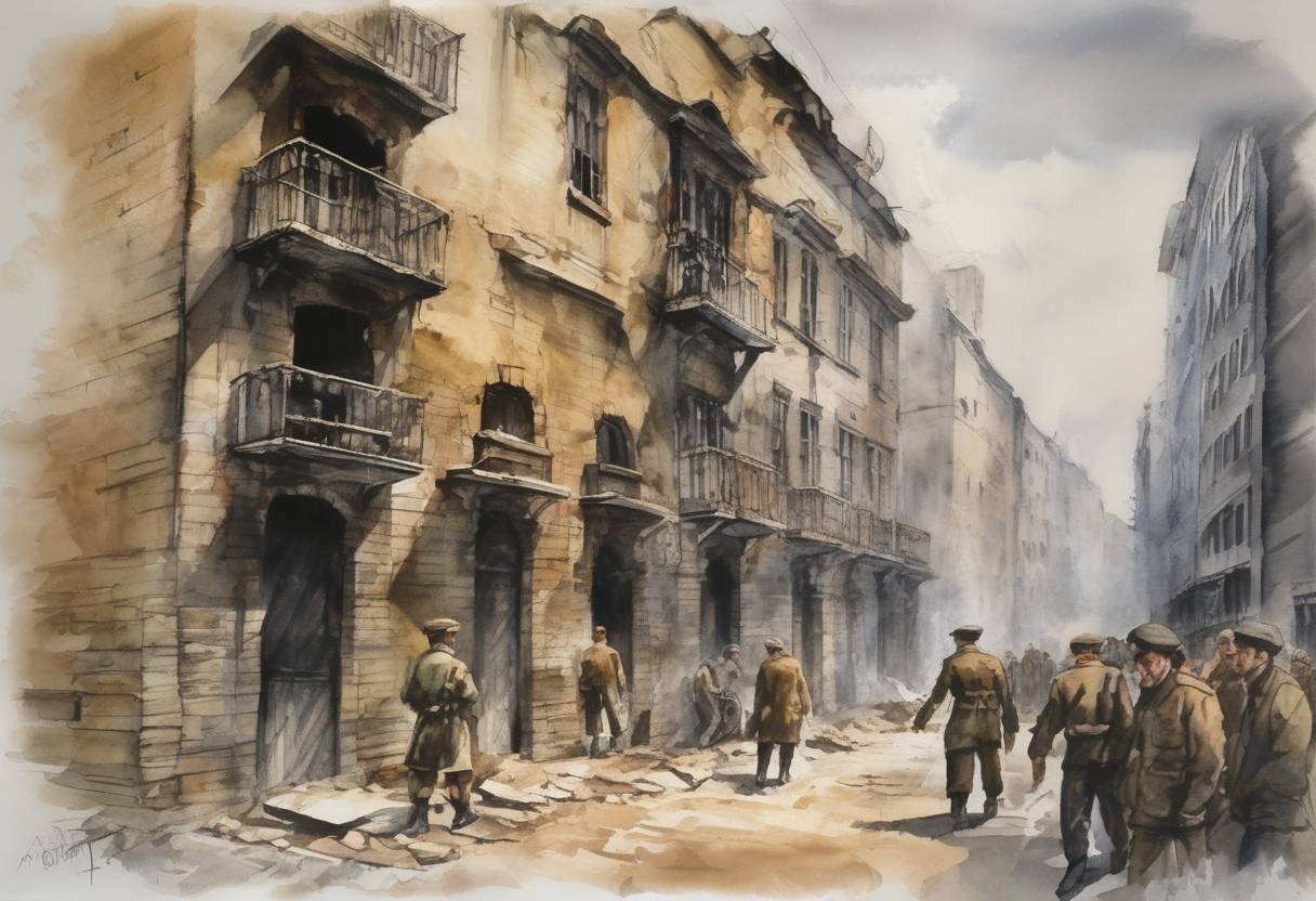Watercolor painting based depiction of The Warsaw Ghetto Uprising begins as Jewish resistance fighters in the Warsaw Ghetto rise against the Nazi regime. (1943)