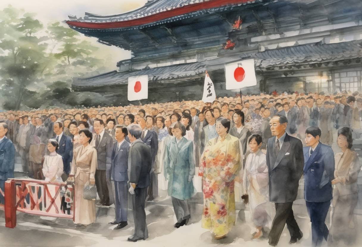 Watercolor painting based depiction of Emperor Hirohito of Japan passed away, ending the Shōwa era and leading to the accession of his son, Akihito, marking the beginning of the Heisei era. (1989)