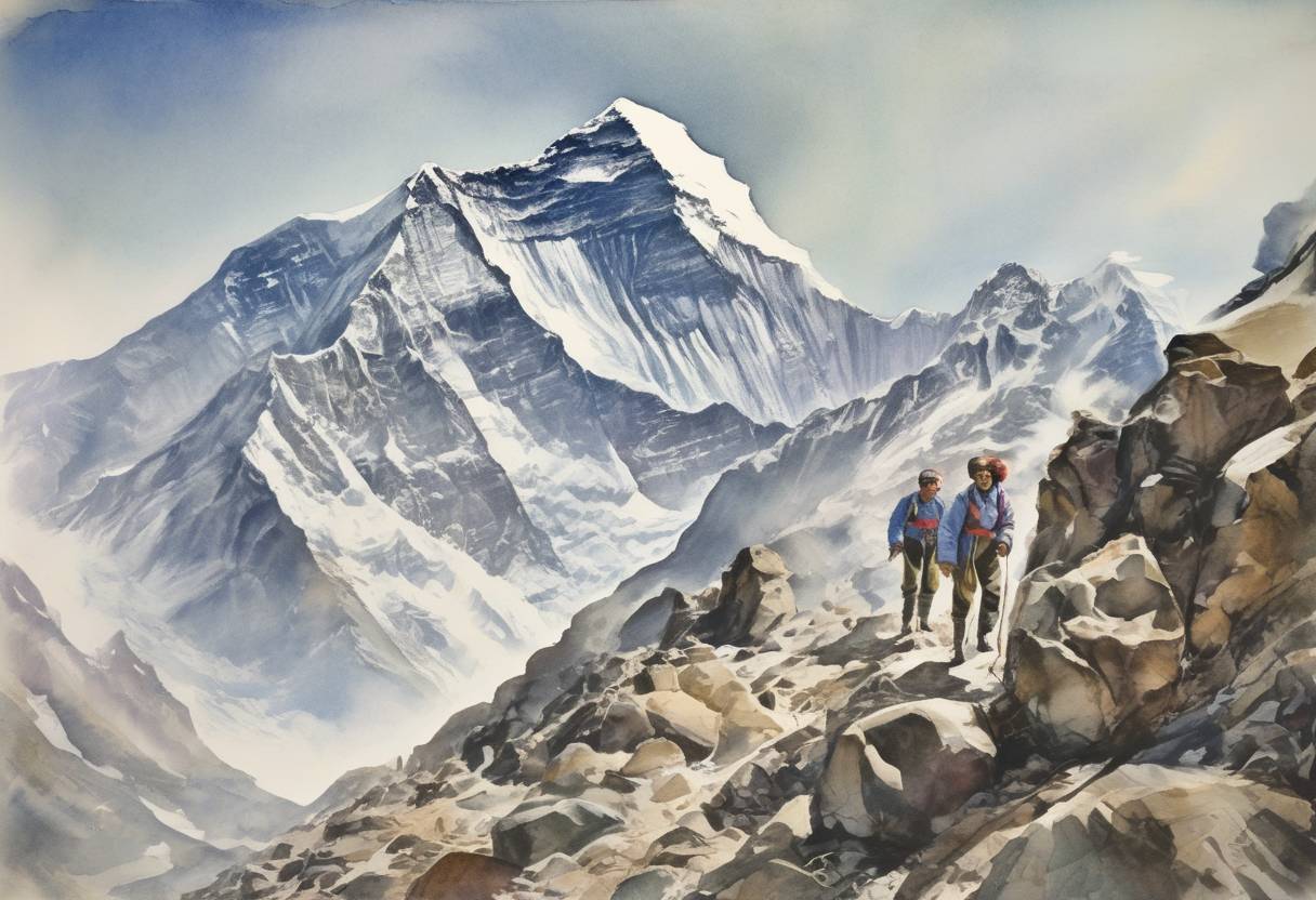 Watercolor painting based depiction of Edmund Hillary of New Zealand and Tenzing Norgay, a Sherpa of Nepal, became the first climbers confirmed to have reached the summit of Mount Everest. (1953)