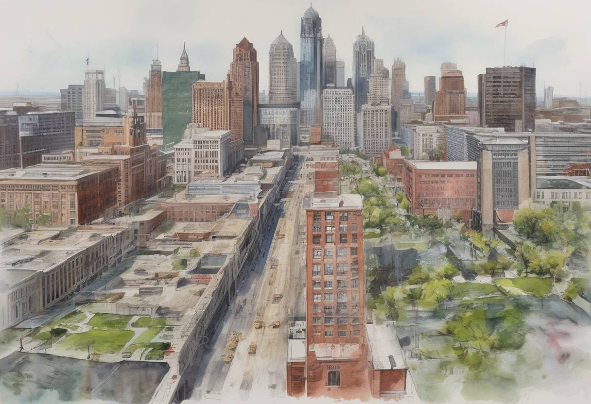Watercolor painting based depiction of Detroit filed for bankruptcy, becoming the largest municipal bankruptcy filing in U.S. history at the time, highlighting the city's financial struggles. (2013)
