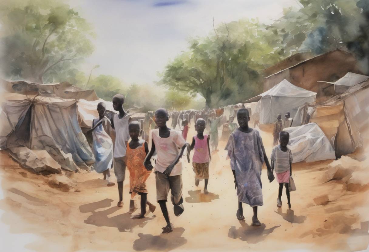 Watercolor painting based depiction of The United Nations announced that the number of refugees fleeing South Sudan had reached over 60,000, following renewed violence in the country. (2016)