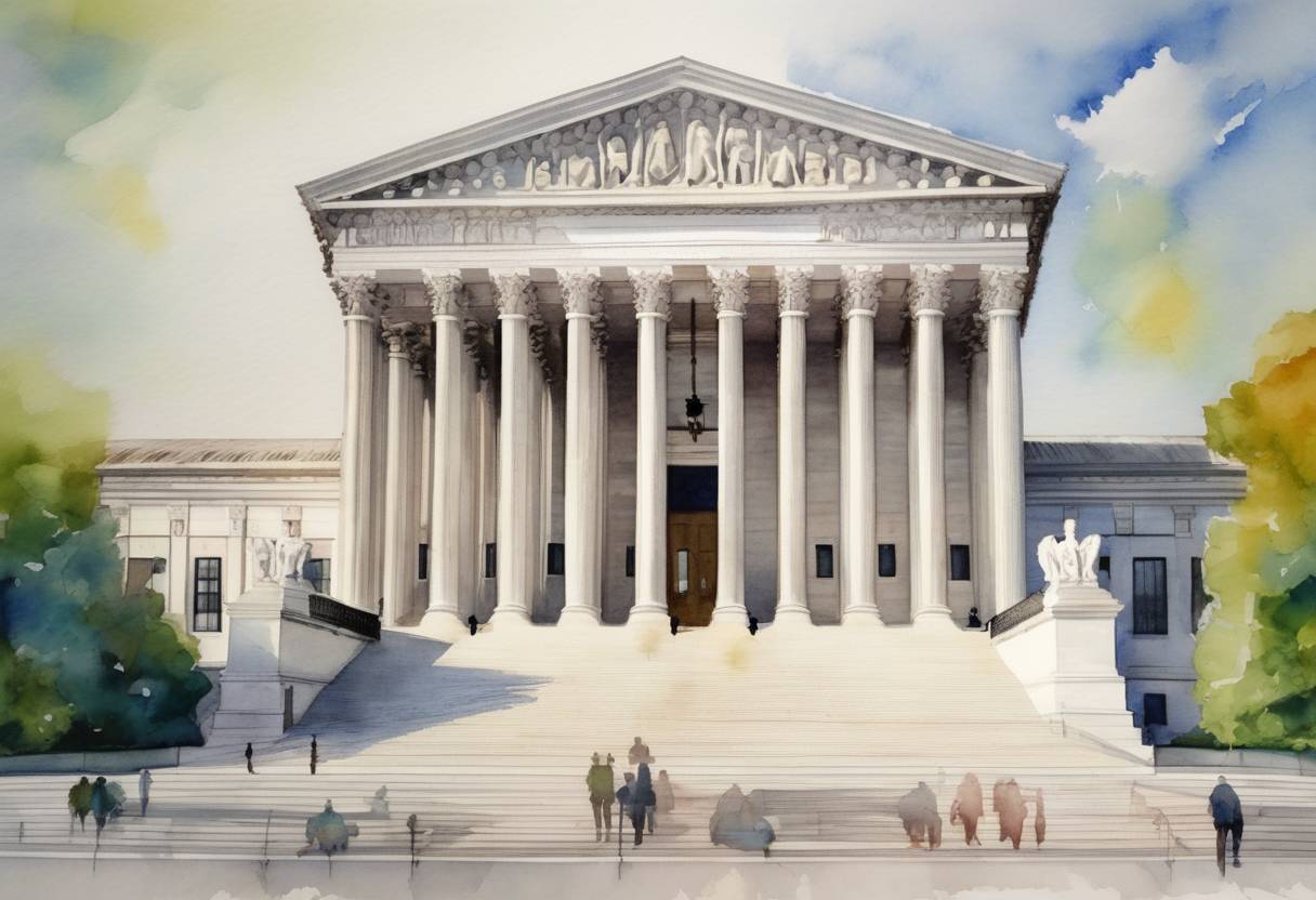 Watercolor painting based depiction of The U.S. Supreme Court ruled in favor of the Affordable Care Act in King v. Burwell, upholding federal subsidies for health insurance. (2015)