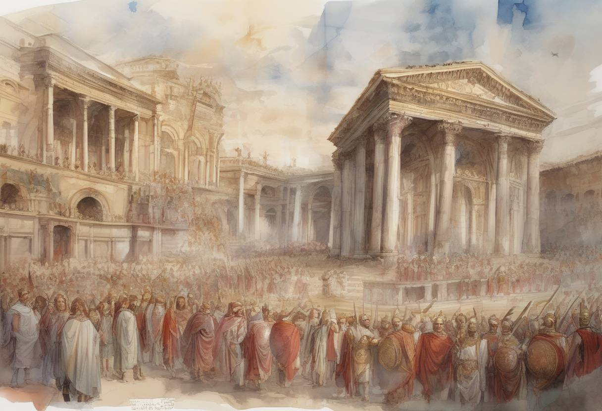 Watercolor painting based depiction of The Edict of Milan was agreed upon by Roman Emperors Constantine I and Licinius, granting religious tolerance throughout the Roman Empire, particularly for Christianity. (313)