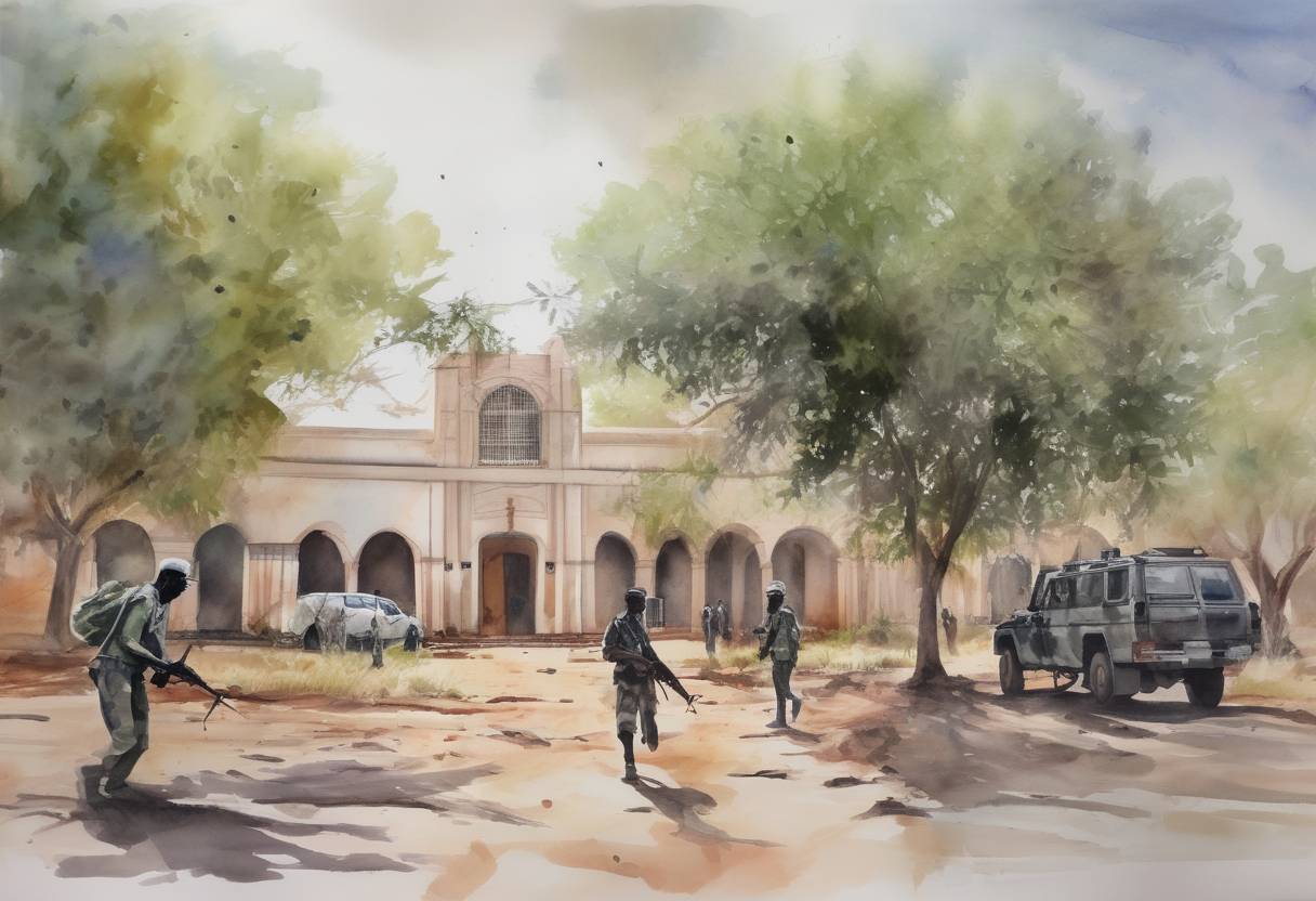 Watercolor painting based depiction of Al-Shabaab militants attacked Garissa University College in Kenya, killing 148 people, mostly students. It was one of the deadliest attacks in Kenya since the 1998 U.S. embassy bombings. (2015)