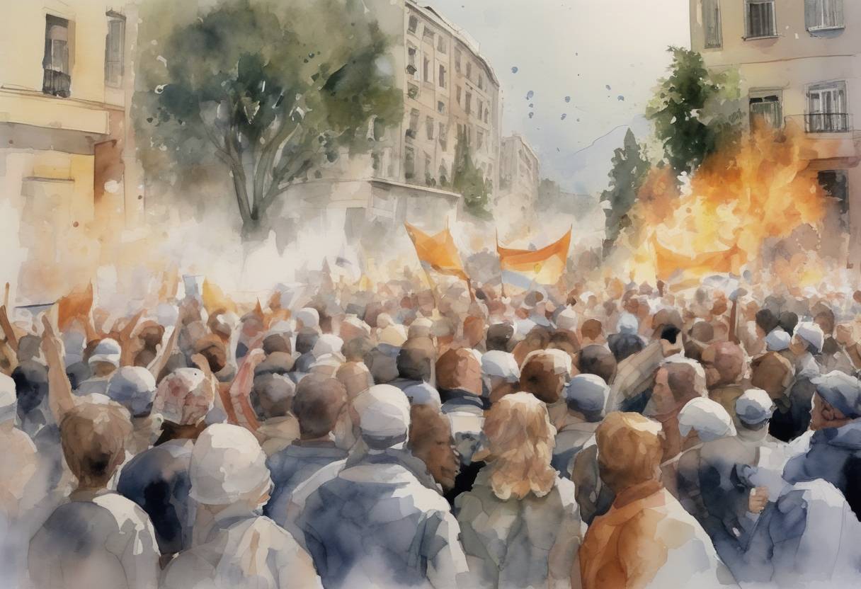 Watercolor painting based depiction of Protests erupted in Greece against austerity measures imposed by the government as part of a bailout agreement with the European Union and the International Monetary Fund. (2010)