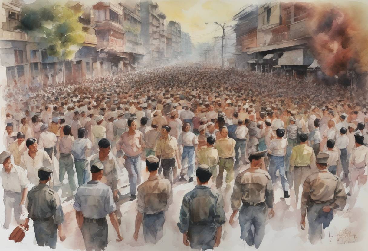 Watercolor painting based depiction of 8888 Uprising: A pro-democracy protest in Myanmar (Burma) began, which was violently suppressed by the military government, resulting in thousands of deaths. (1988)