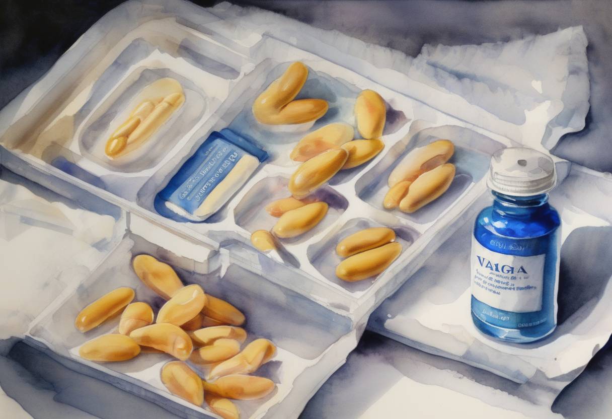 Watercolor painting based depiction of The Food and Drug Administration approved Viagra, the first oral treatment for erectile dysfunction, marking a significant development in pharmaceutical treatments. (1998)