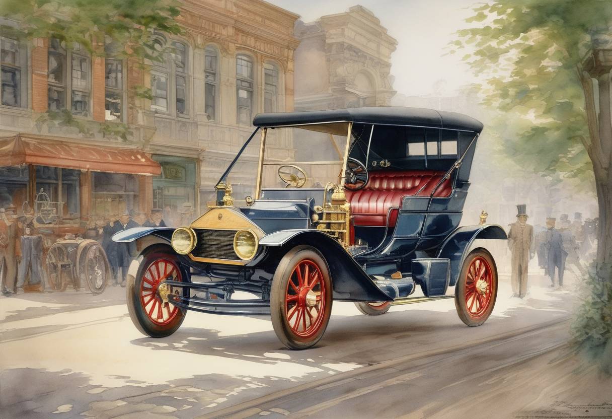 Watercolor painting based depiction of The Cadillac Motor Company was founded by Henry Leland and named after the French explorer Antoine Laumet de La Mothe, sieur de Cadillac. (1902)