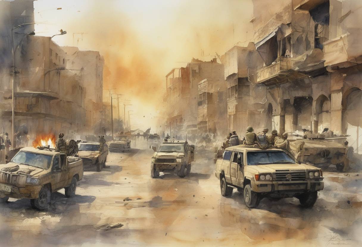 Watercolor painting based depiction of Baghdad fell to American forces during the Iraq War, marking a significant moment in the conflict as the regime of Saddam Hussein began to collapse. (2003)