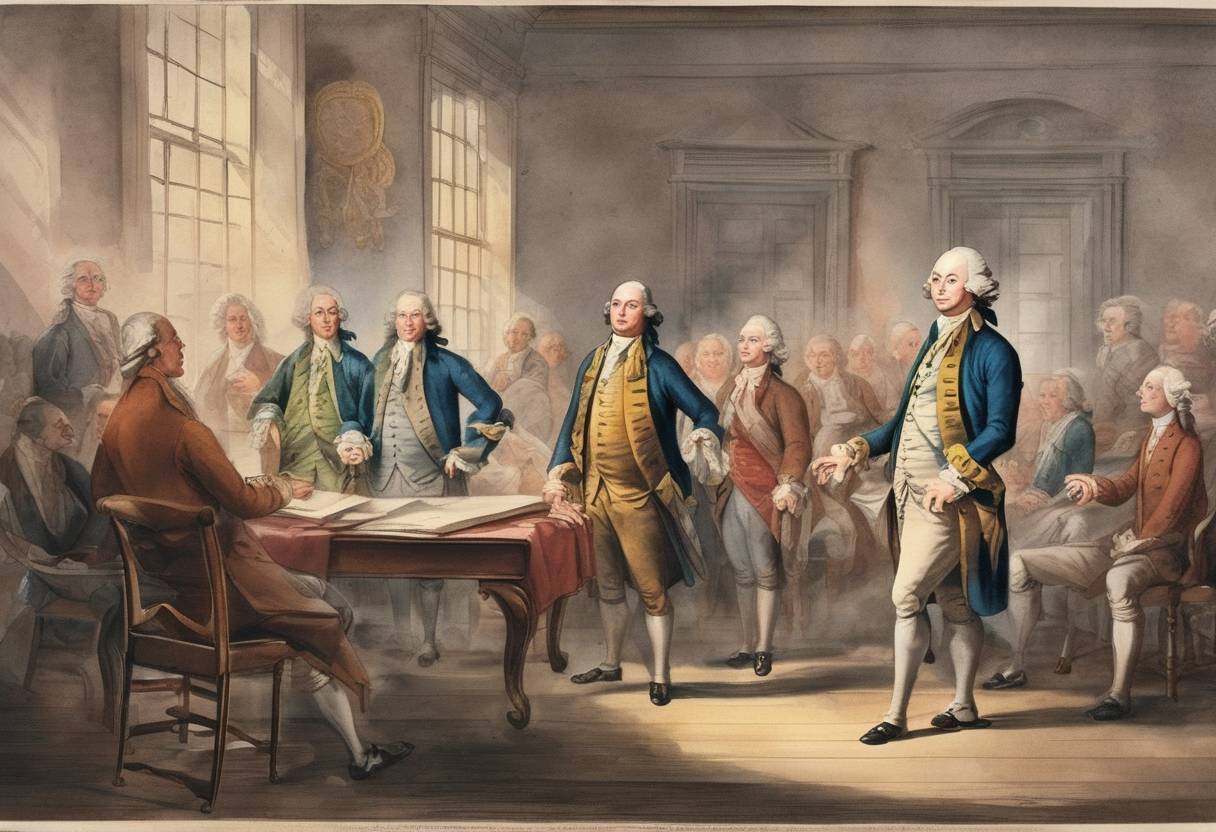 Watercolor painting based depiction of The Second Continental Congress convenes in Philadelphia, Pennsylvania. (1775)