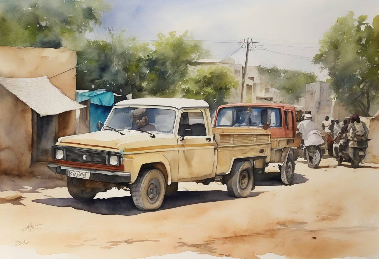Watercolor painting based depiction of The Islamist group al-Shabaab took control of most of the port city of Kismayo in Somalia. (2008)