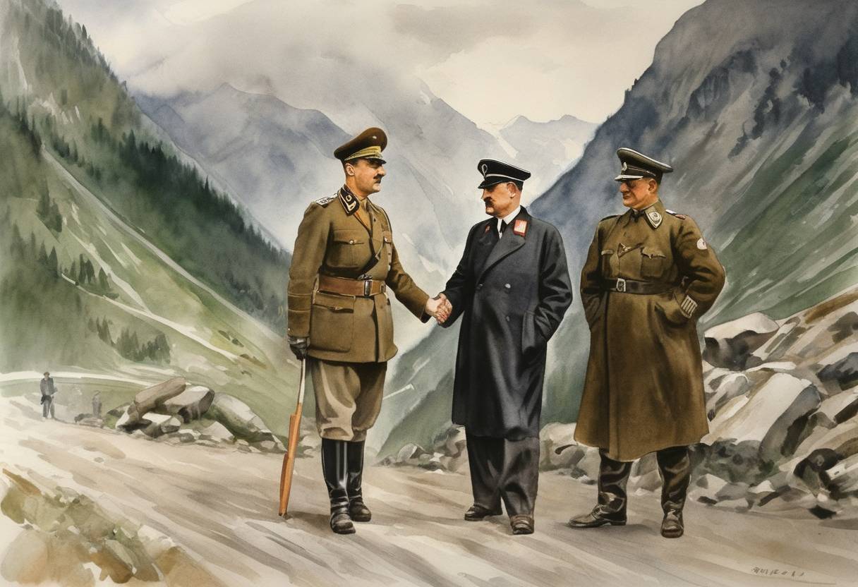 Watercolor painting based depiction of Adolf Hitler and Benito Mussolini meet at the Brenner Pass in the Alps. (1940)