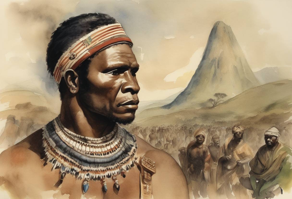 Watercolor painting based depiction of Shaka Zulu, the leader of the Zulu kingdom renowned for his military innovations and leadership, was assassinated by his half-brothers. (1828)