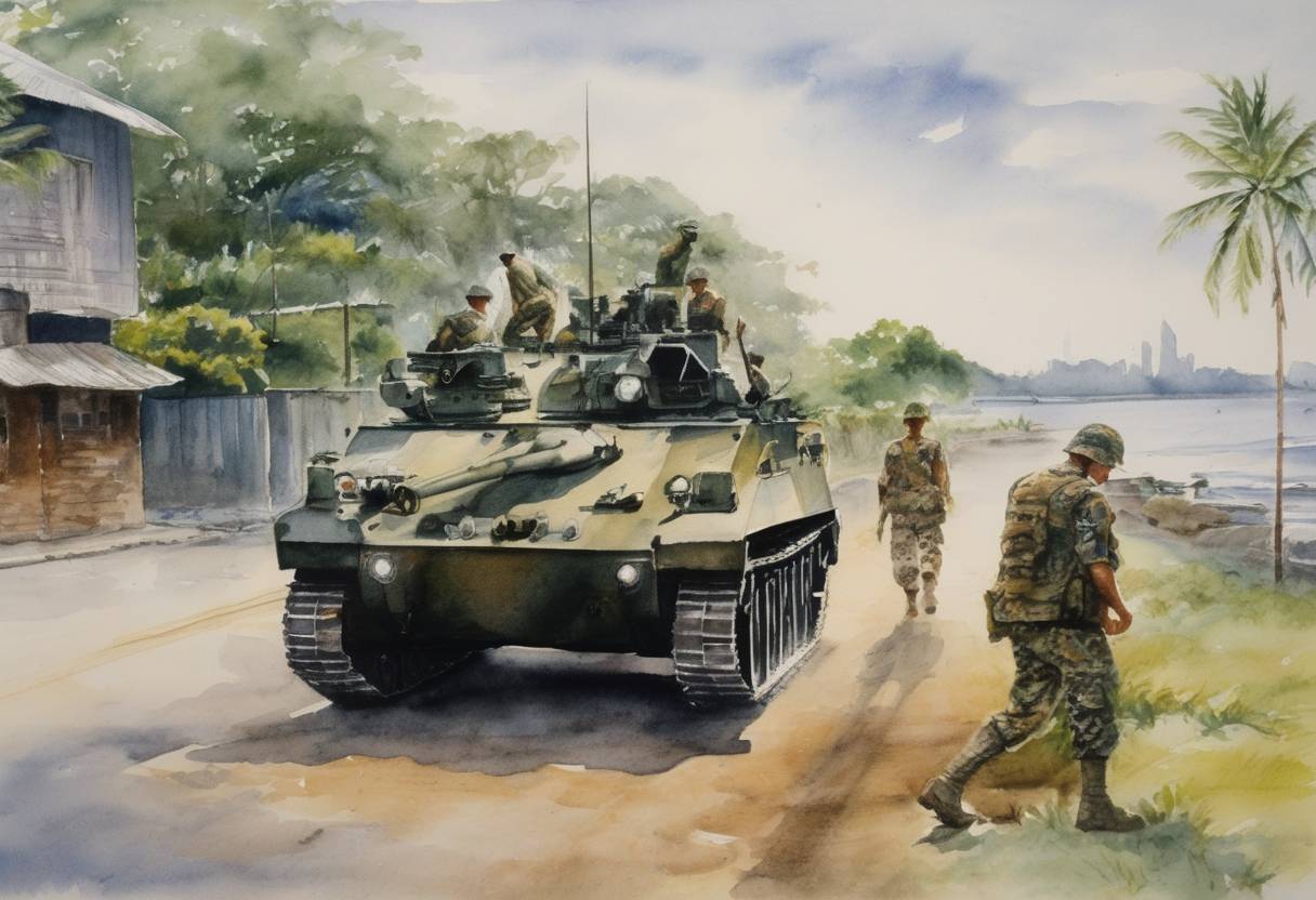 Watercolor painting based depiction of The United States Army pulls out of Panama, ending a formal military presence that had lasted for 82 years. (1994)