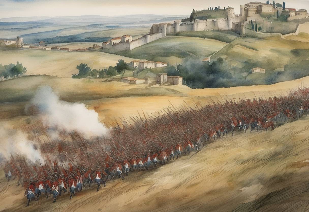 Watercolor painting based depiction of The Battle of Molinella took place, considered one of the first battles in Italy where firearms were used extensively. (1467)